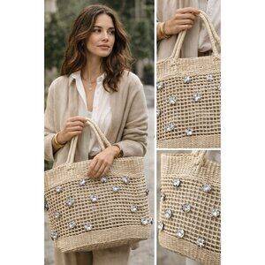 BTB Los Angeles Nancy Tote Straw Bag Crystal Embellished Woven Summer Handbag